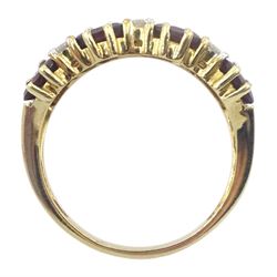 9ct gold three row oval garnet and round brilliant cut diamond ring, hallmarked