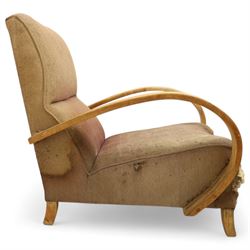  1930s Art Deco bentwood armchair, with sprung seat and arched laminated arms, upholstered in original pink-brown wool fabric, raised on square supports