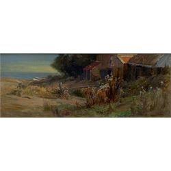 William Gilbert Foster (Staithes Group 1855-1906): Fisherman's Cottage overlooking the Green Runswick Bay, oil on canvas signed, inscribed verso 21cm x 55cm
Provenance: private Yorkshire collection purchased Phillips Leeds 'Yorkshire' sale 2nd Nov. 1994, Lot 218