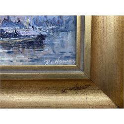 Robert Leslie Howey (British 1900-1981): Cobles off Tate Hill Pier Whitby, oil on canvas board signed 11cm x 16cm