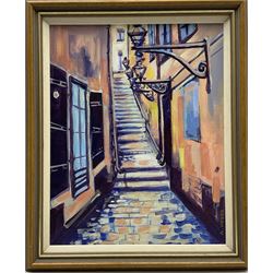 Al Hesso (Swedish Contemporary): The Stairway Gamla Stan, oil on canvas signed, titled and dated 2010 verso 40cm x 32cm