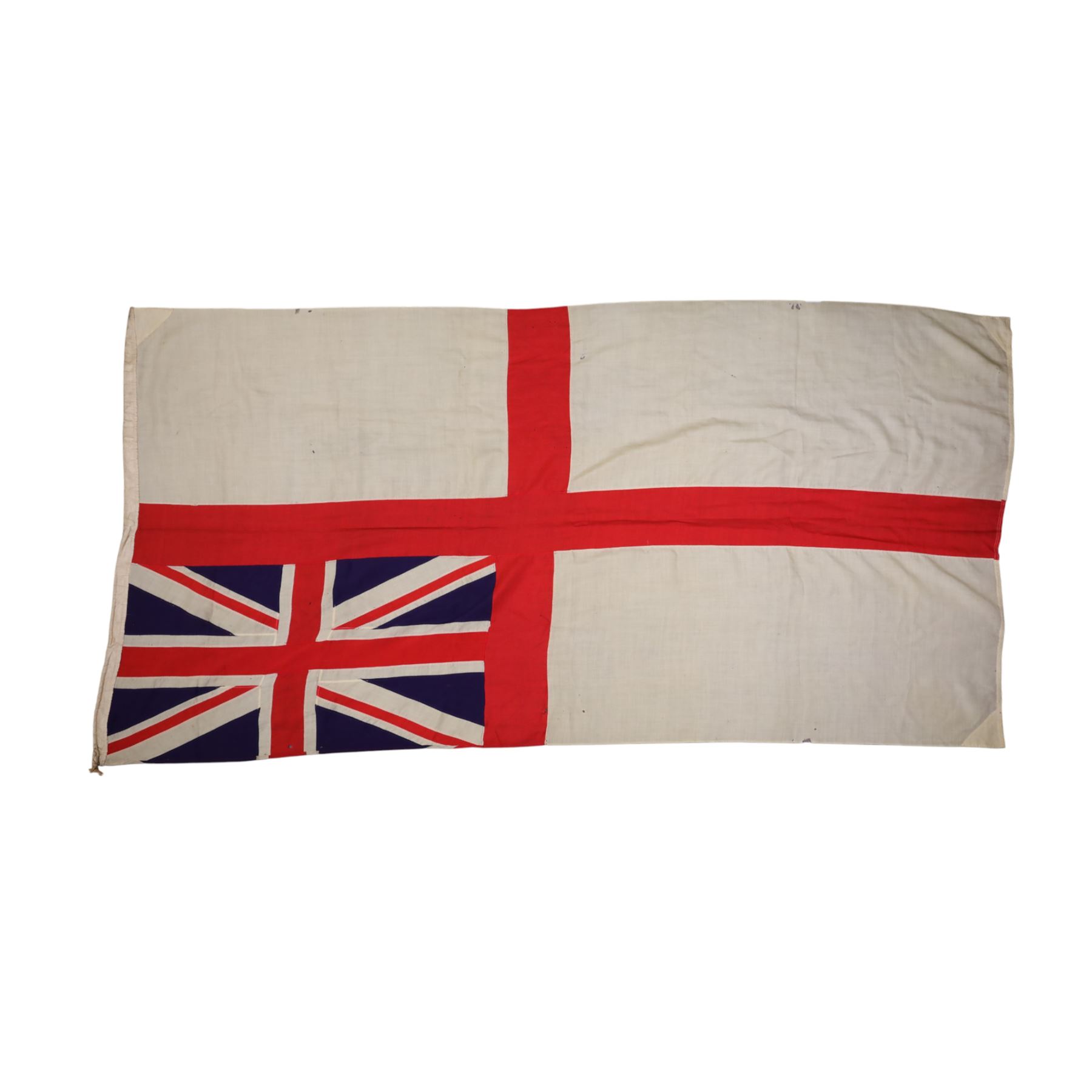 Four large linen ship's flags, including Red Ensign, Union Jack, White Ensign and one other, Red Ensign H140cm,W260cm