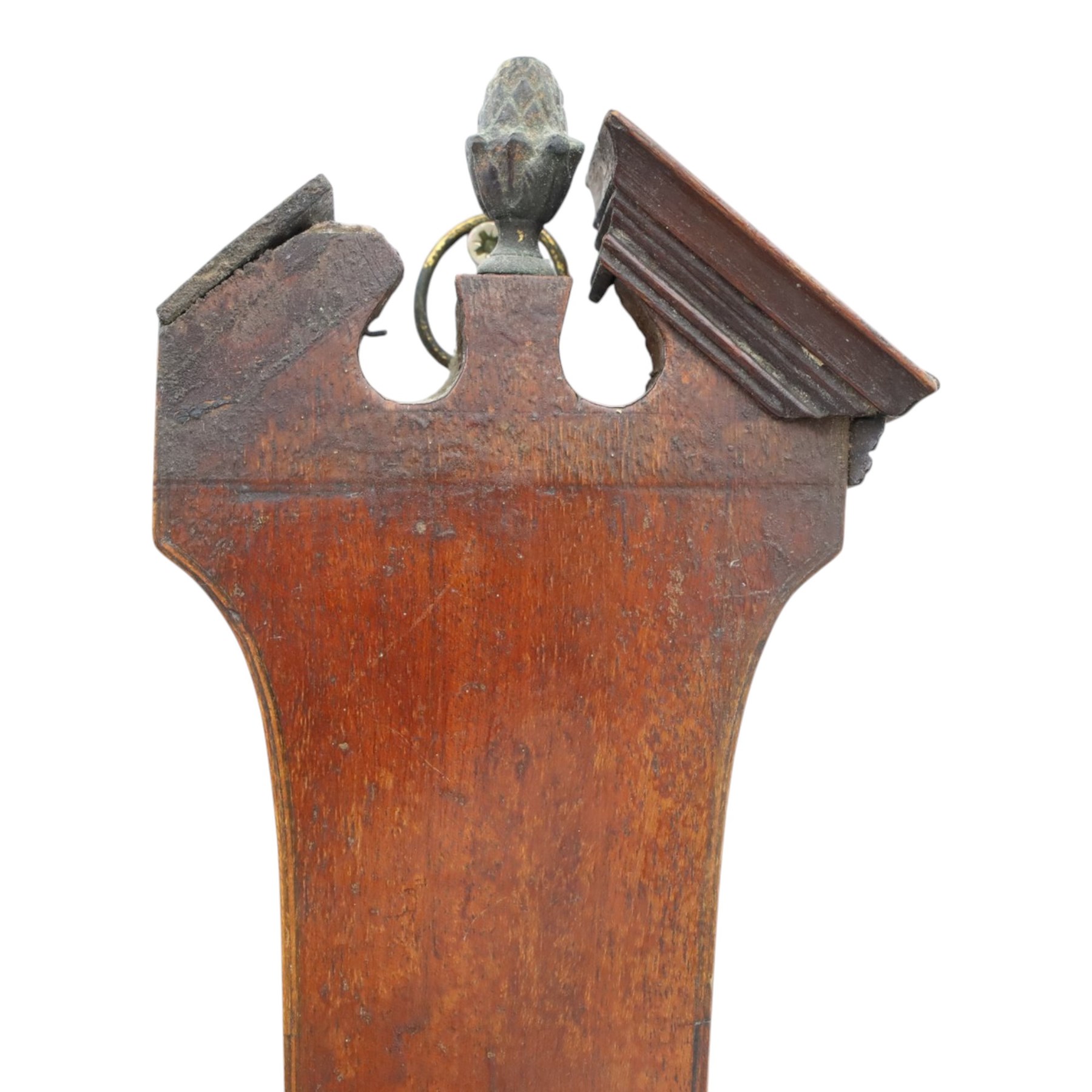 Three wheel barometers, a mother of pearl inlaid mahogany case, swan neck pediment, thermometer and circular dial, H 92cm, the second Sheraton Revival style with floral inlay, swan neck pediment, thermometer and circular dial, H 102cm, the third Sheraton Revival style, H 95cm (3)