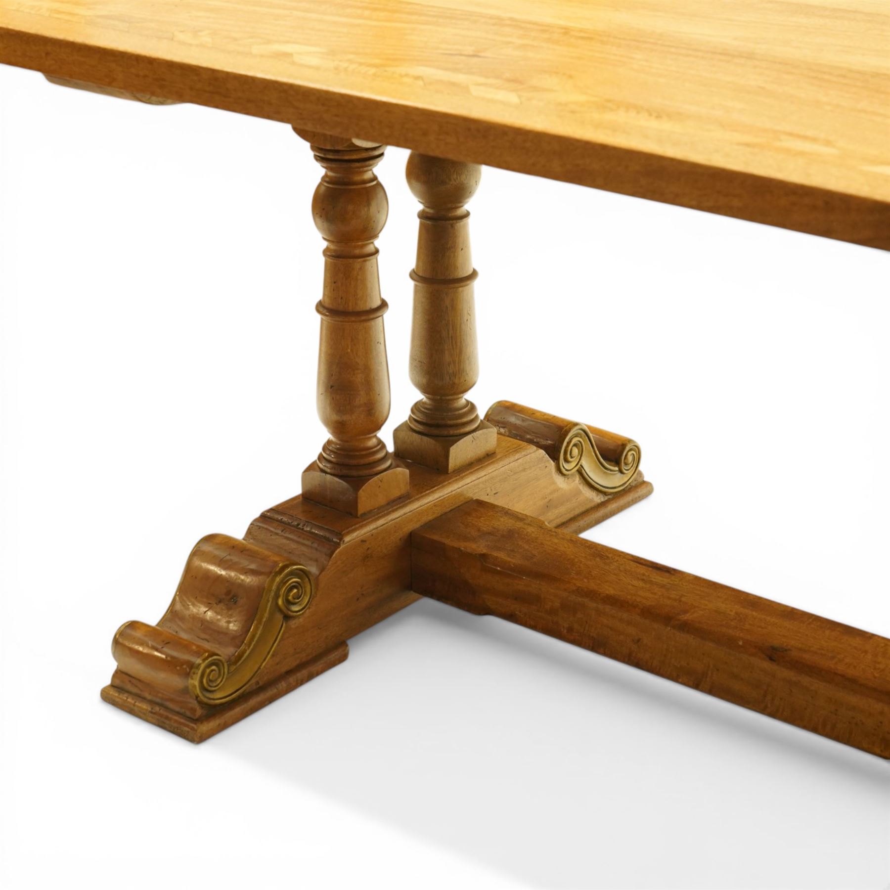 Baker Furniture - 'Baluster' range mango wood dining suite, comprising a refectory dining table raised on twin pillars with scrolled bases, with six chairs including two carvers, with gilt mounts and neutral upholstery