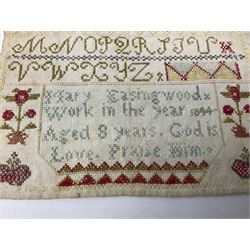 Two 19th century needlework samplers, comprising an example worked with the alphabet by Mary Easingwood 1844, together with a larger example by Sarah Starther, largest example H52cm 