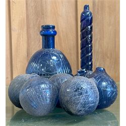 Collection of Victorian Bristol blue glass fire grenades, including an intact 'Star Harden...
