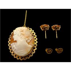 9ct gold cameo brooch and a pair of 9ct gold cameo earrings, all hallmarked 