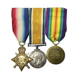 WWI trio of medals comprising British War Medal and Victory Medal awarded to 1815 Pte. W. Scott K.O.Y.L.I. and 1914-15 Star awarded to 200196 Pte. W. Scott Yorks. L.I.; with ribbons on wearing bar