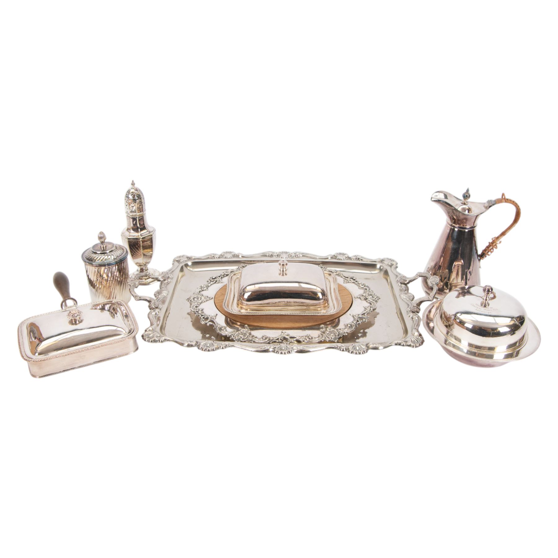 Silver plated silent butler, together with serving tray, Walker and Hall hot water jug, butter dish etc 