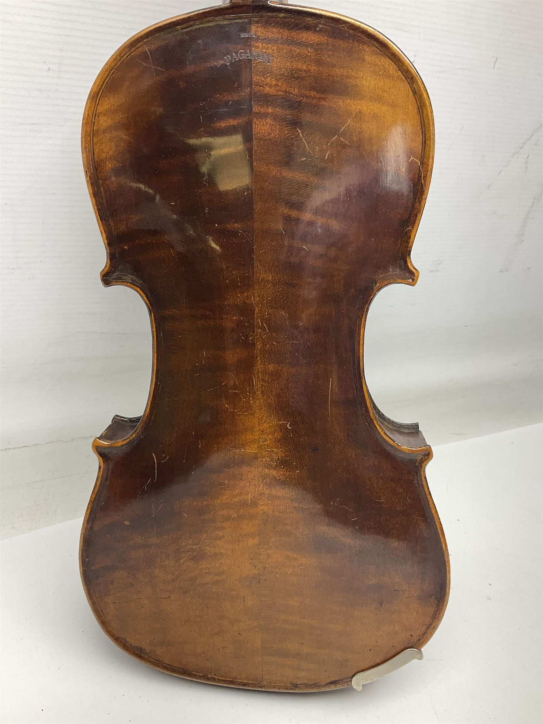 German trade violin c1900 stamped PAGANINI with 35.5cm two-piece maple back and ribs and spruce top L58.5cm overall; in carrying case; and another German trade violin for spares or repair; in carrying case (2)