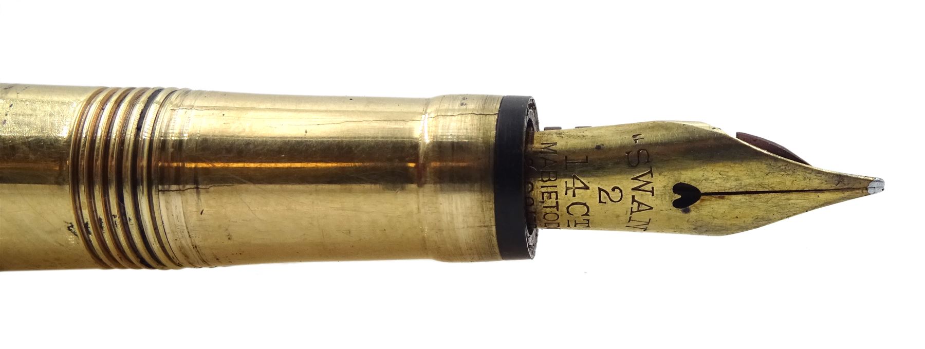 9ct gold Swan fountain pen, engine turned decoration with engraved name 'C.S.Lundgren' by Mabie Todd, London 1937, boxed 