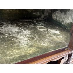 Victorian hardwood and inlaid display cabinet, central breakfront glazed display with astragal glazing and mirror back, flanked by mirrored alcoves with turned supports, below foliate and scrolling marquetry panels enclosing cupboard doors, shaped open shelves with turned supports beneath, on tapered and spade feet