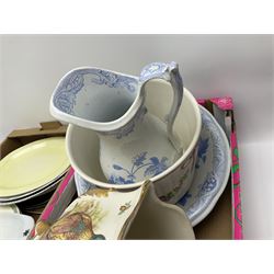 Two Poole Pottery dinner plates and a meat plate, four Copeland Spode Bermuda pattern dinner plates, Sadler jug, Keele St Pottery cottage tea wares, Torquay Motto ware, blue and white jug and bowl, two large planters and other ceramics, etc, in four boxes 