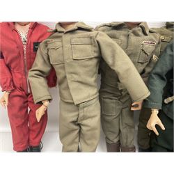 Action Man - five figures marked on the back 'Made in England by Palitoy under licence from Hasbro 1964', one dressed as a German Stormtrooper, one as a Red Devil Pilot and three in army uniform; another similar action figure marked to the right buttock ' G.I. Joe Copyright 1964 by Hasbro Patent Pending Made in Canada' dressed in army uniform; together with an Action Man jeep, field gun, mortar and machine guns and other accessories including helmets and weapons, parachute, diving equipment, skis and snow shoes, boots, uniforms etc; all unboxed