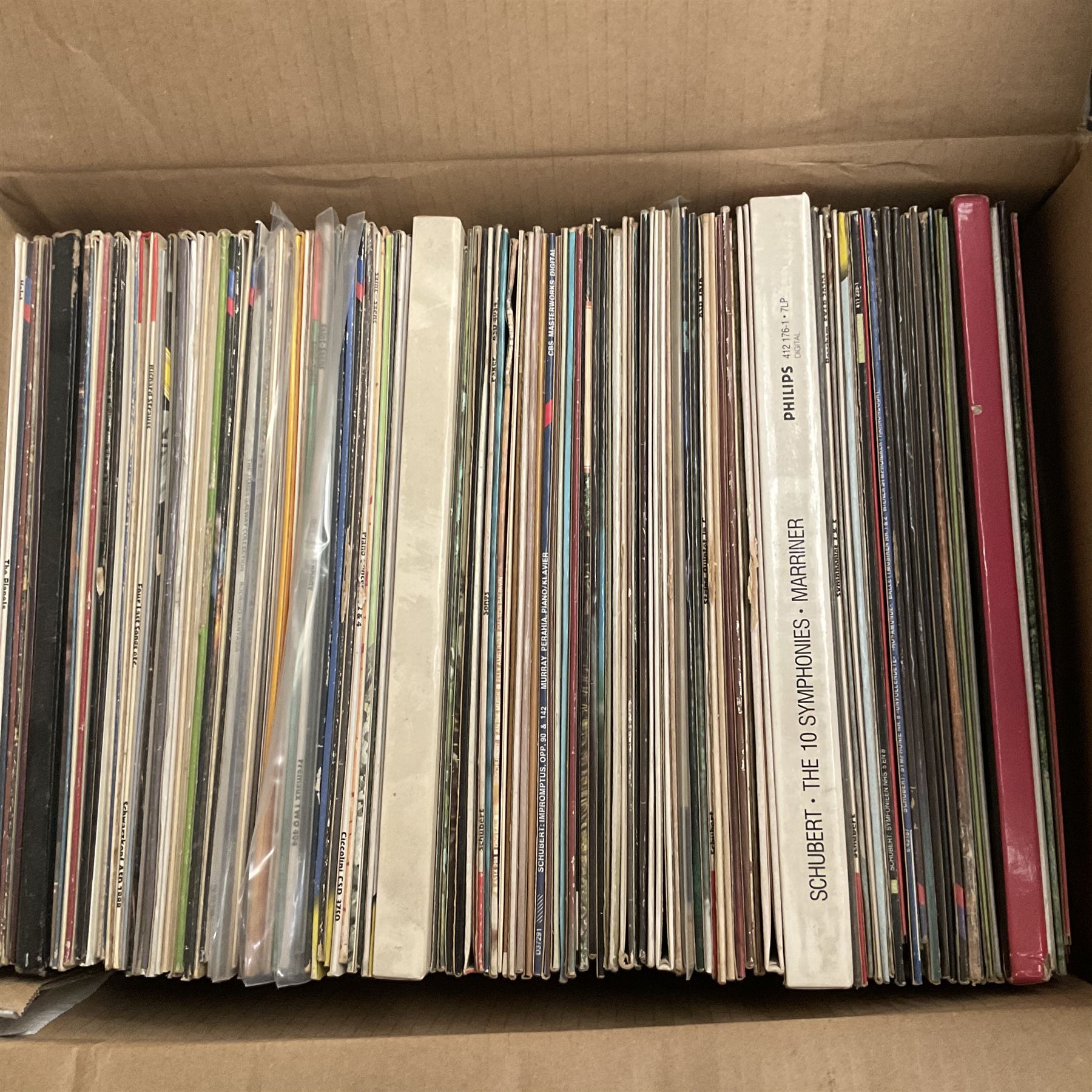 Collection of vinyl LP records in four boxes, mainly classical including The Organs of Bridlington Priory, Fernando Germani Plays Bach, Yehudi Menuhin, etc