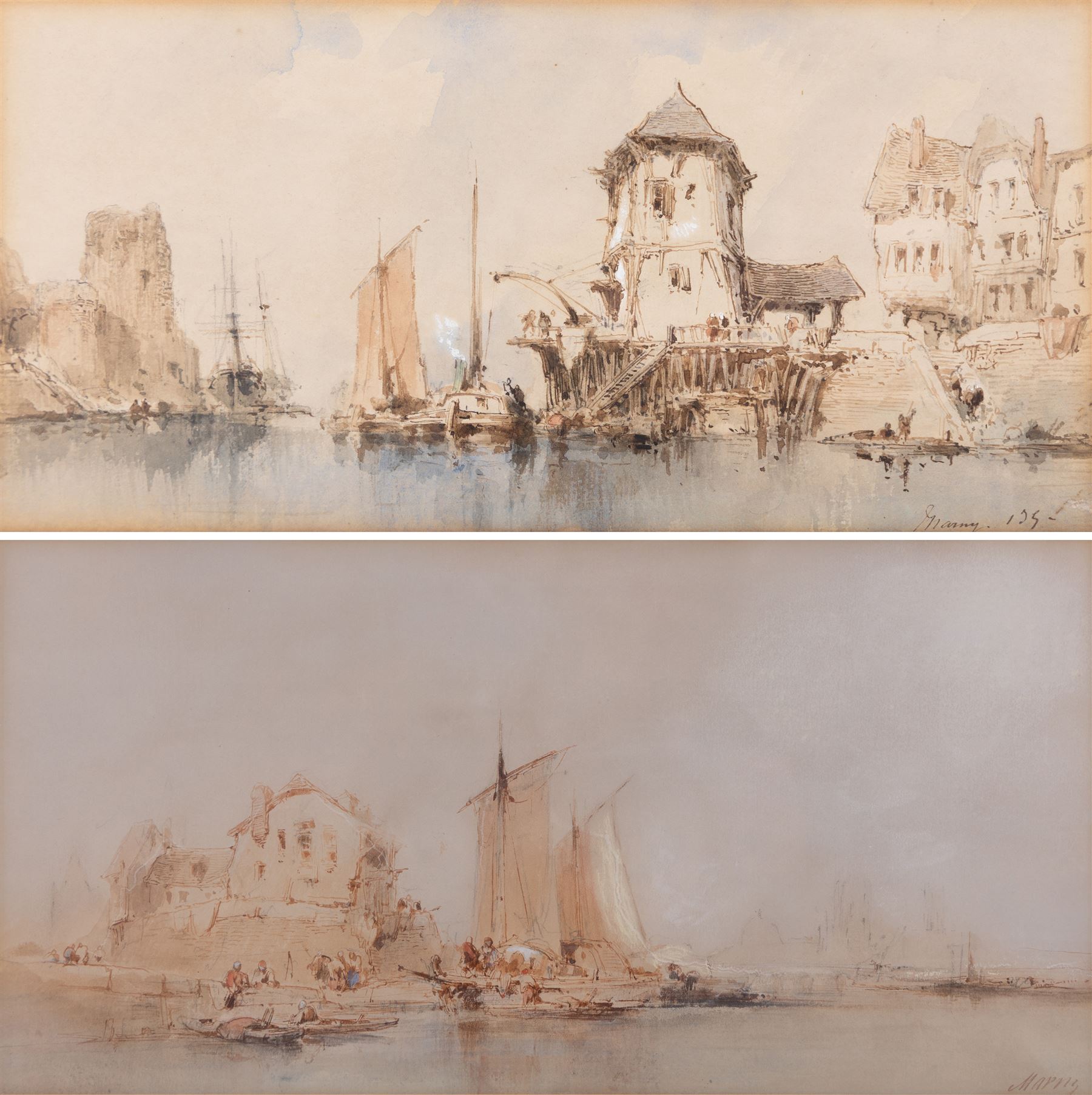 Paul Marny (French/British 1829-1914): Continental Port Scenes, two watercolours signed, max 19cm x 37cm (2)