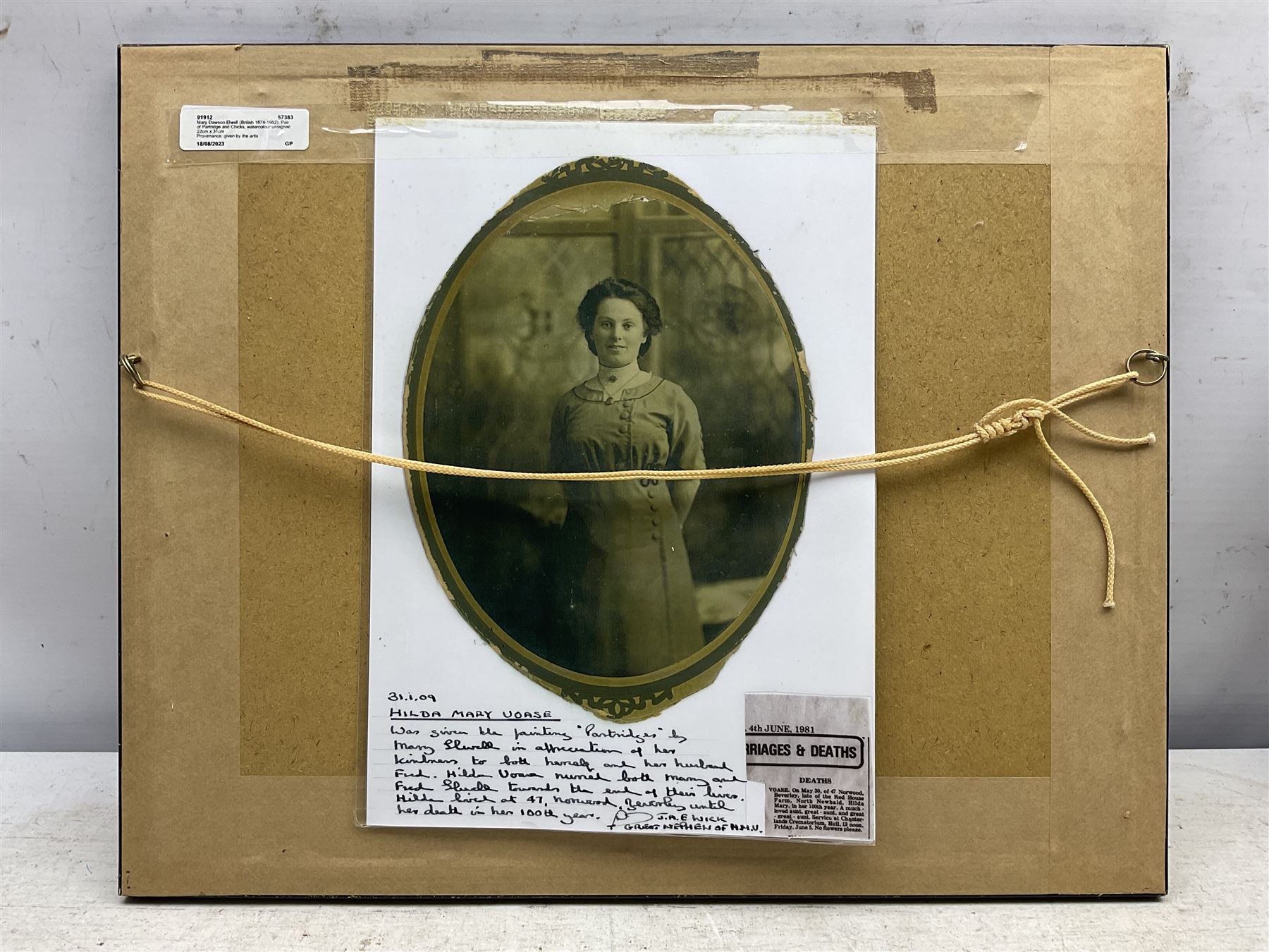 Mary Dawson Elwell (British 1874-1952): Pair of Partridge and Chicks, watercolour unsigned 22cm x 31cm
Provenance: given by the artist to Hilda Mary Voase (1881-1981) of Red House Farm. North Newbald who nursed both Mary and Fred Elwell towards the end of their lives; then by descent to Hilda's great nephew James (Jim) A E Wick of Walkington, Beverley; Dee Atkinson & Harrison, Driffield 28th November 2008, Lot 525 