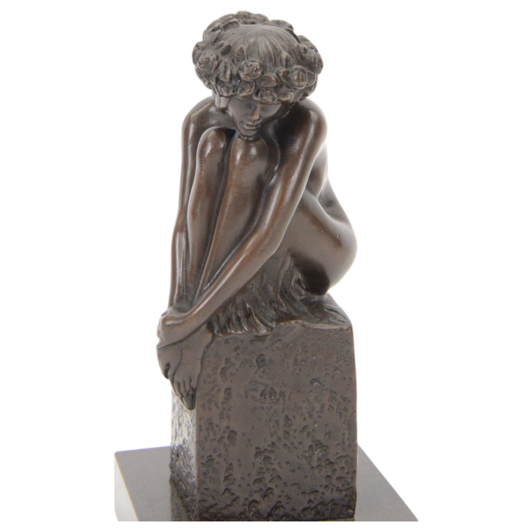 Bronze Virgo figure, modelled as a nude female with floral wreath and holding knees to her chest, signed Pino to base, upon marble plinth, H24cm 