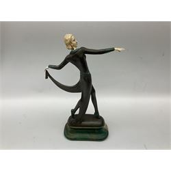 Art Deco style bronze, after Josef Lorenzl, modelled as a dancing lady with outstretched arms, with resin head and hands, raised upon marble effect base, signed to base, H38cm