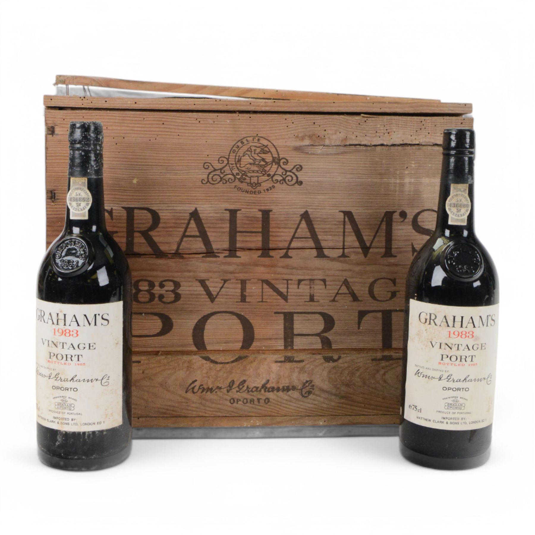 Graham's 1983 vintage port, 75cl unknown proof, twelve bottles, cased