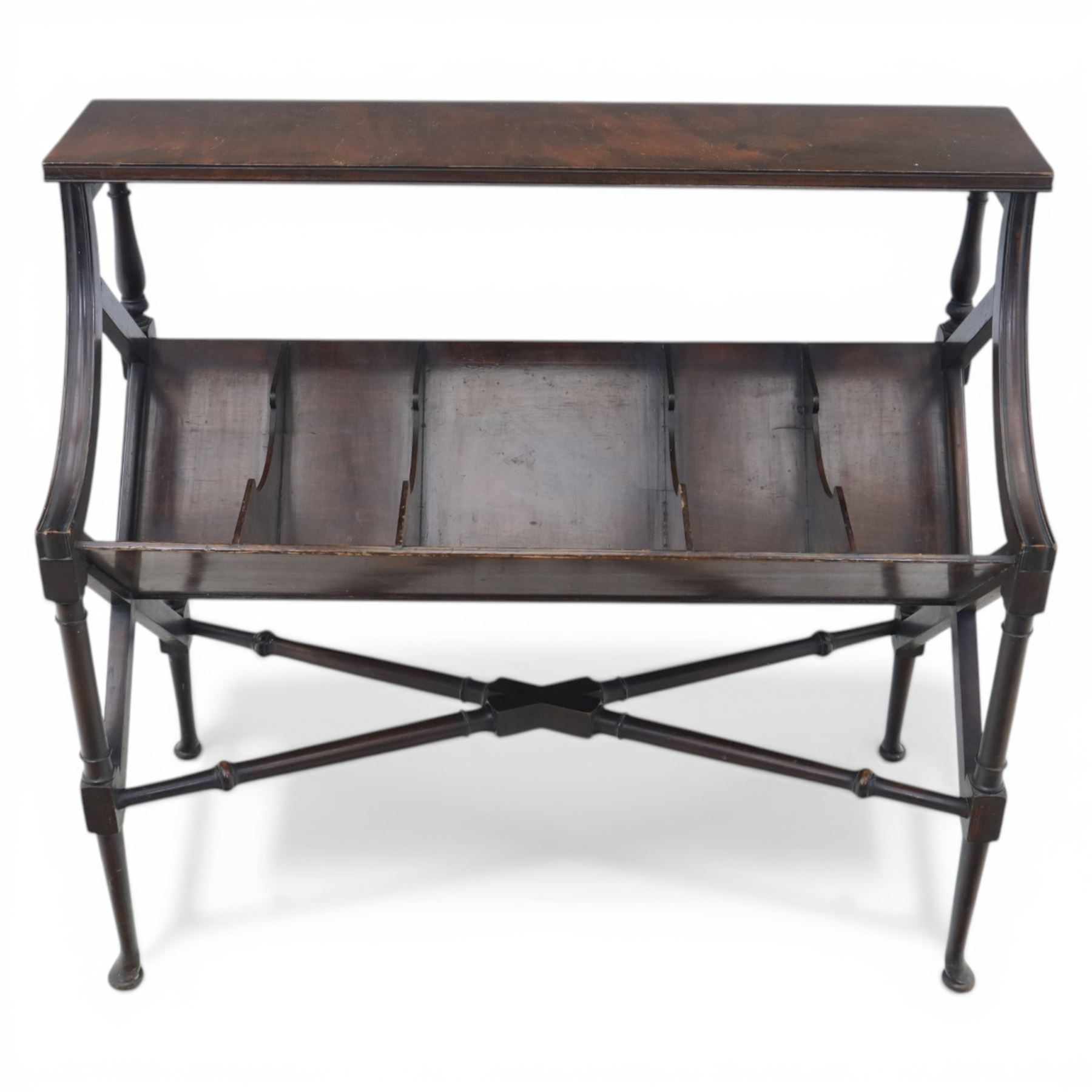 Early 20th century mahogany bookstand, rectangular top over sloped book trough with four divisions, on turned supports with X-shaped stretcher base