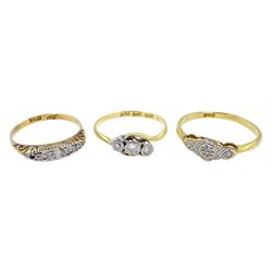 Gold three stone diamond ring, stamped 18ct Plat and two 18ct gold diamond rings stamped (3)