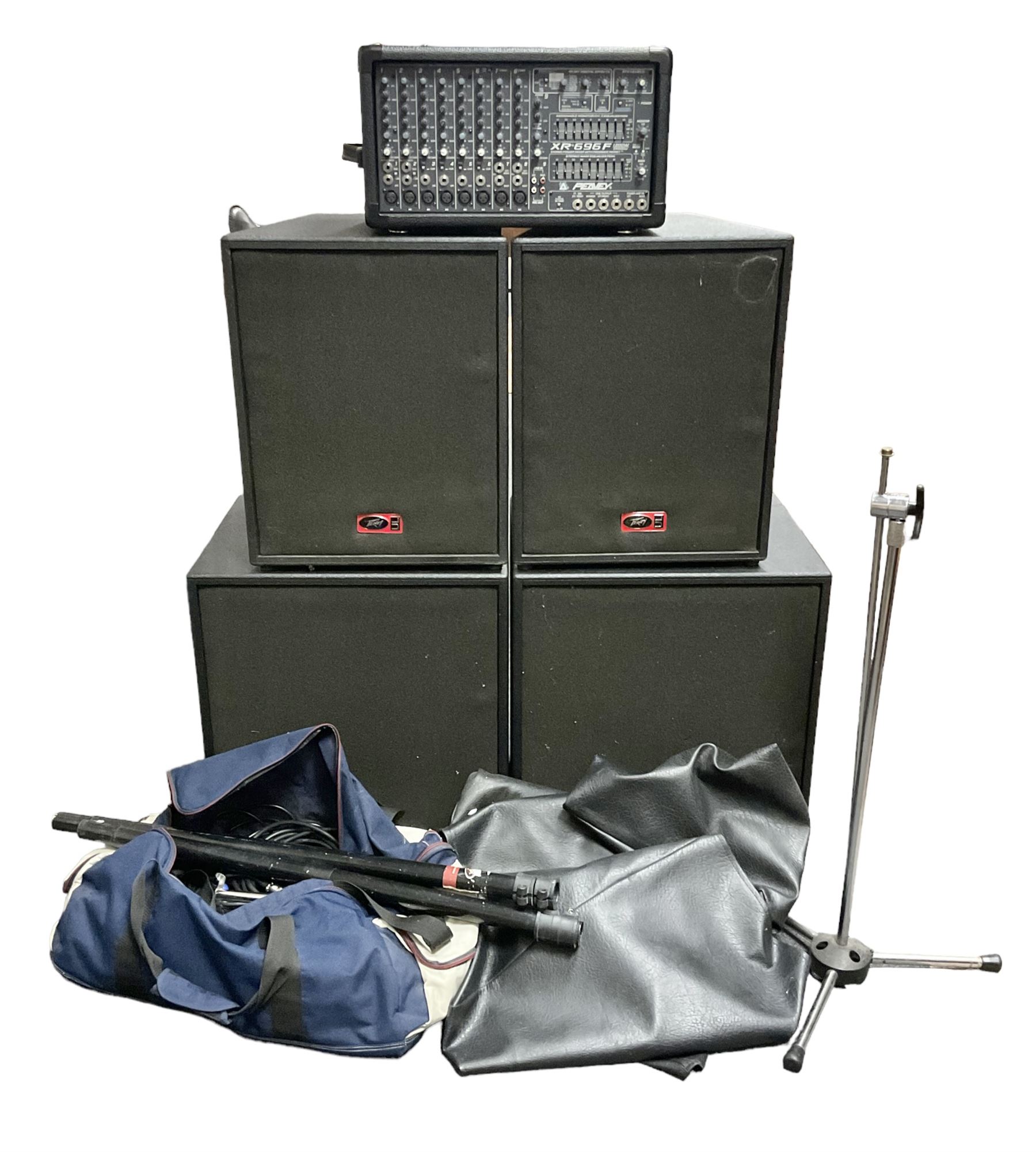 Peavey XR-696F 1200W Amplifier, serial no.K0241228, L47cm; with two Peavey UL bass bins L56cm and two Peavey top speakers L45cm with connecting rods; all with covers; and quantity of heavy duty cables, two microphone cables and microphone stand