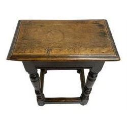 17th century design oak coffin or joint stool, moulded rectangular top over moulded frieze rails, raised on turned supports united by stretchers