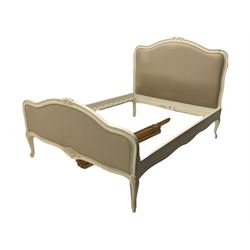 French style cream painted and beige linen 5' Kingsize bedstead