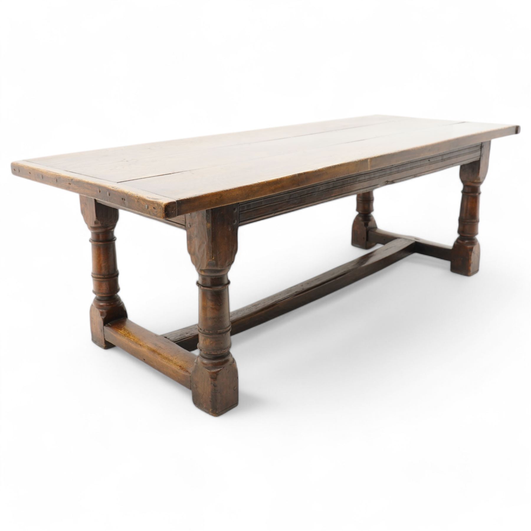Jacobean design elm and oak refectory dining table, rectangular three plank top with cleated ends, moulded frieze rails on turned supports united by moulded stretcher rail