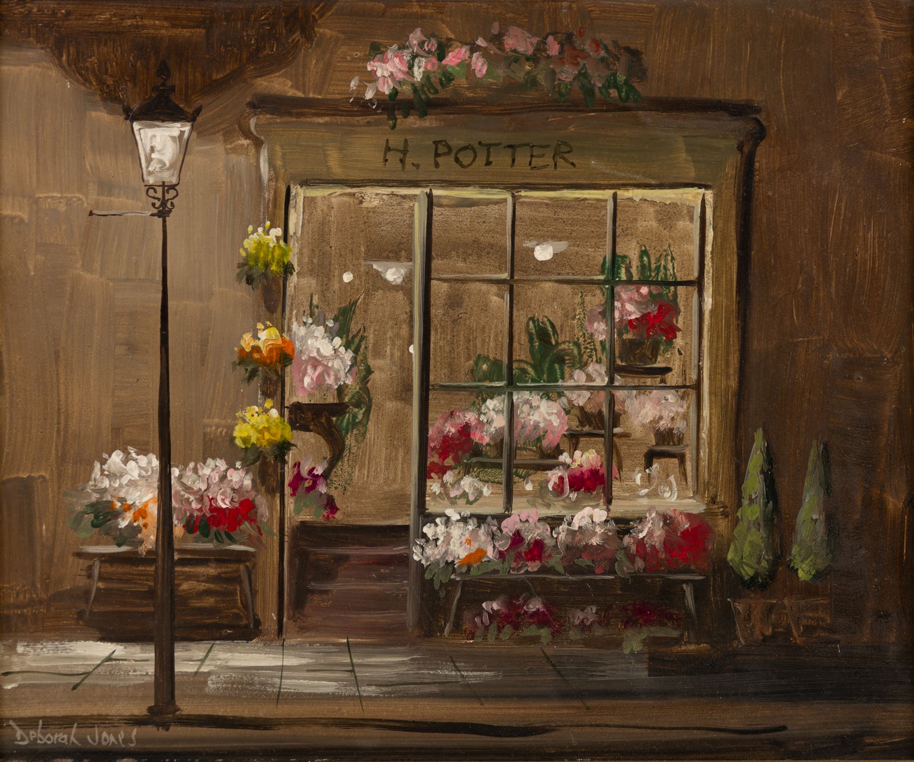 Deborah Jones (British 1921-2012): Flower Shop at Dusk, oil on board signed 25cm x 30.5cm