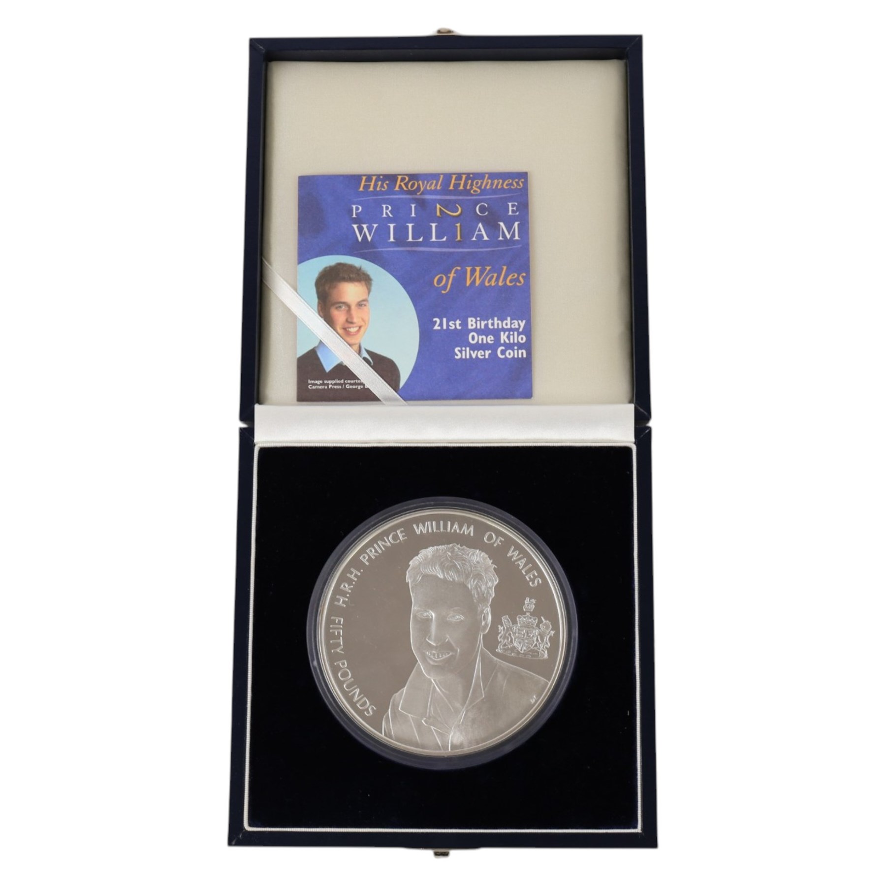 The Royal Mint Alderney 2003 'His Royal Highness Prince William of Wales 21st Birthday' one kilogram fine silver fifty pound coin, cased with certificate