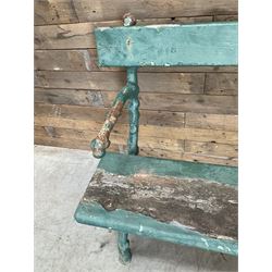 Early 20th century cast iron framed faux bois garden bench, timber seat and back rest