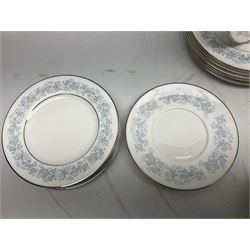 Royal Doulton tea and dinner wares in the Meadow Mist pattern, no H5007, comprising seven dinner plates, eight side plates, two lidded tureens, two jugs, lidded sucrier, oval serving dish, six teacups, seven saucers, seven tea plates and large saucer