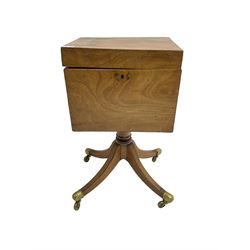 Regency mahogany cellarette on stand, rectangular top with hinged lid, raised on turned pedestal terminating in quadrupod base with brass cups and castors