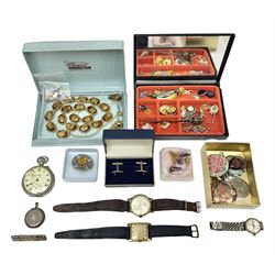Scottish silver Ola Gorie arctic tern brooch and a matching pair of earrings, 9ct gold stud earrings, collection of costume jewellery, three wristwatches including Ingersoll and Rotary, a Freeman's Alright pocket watch and a continental silver fob watch stamped 935