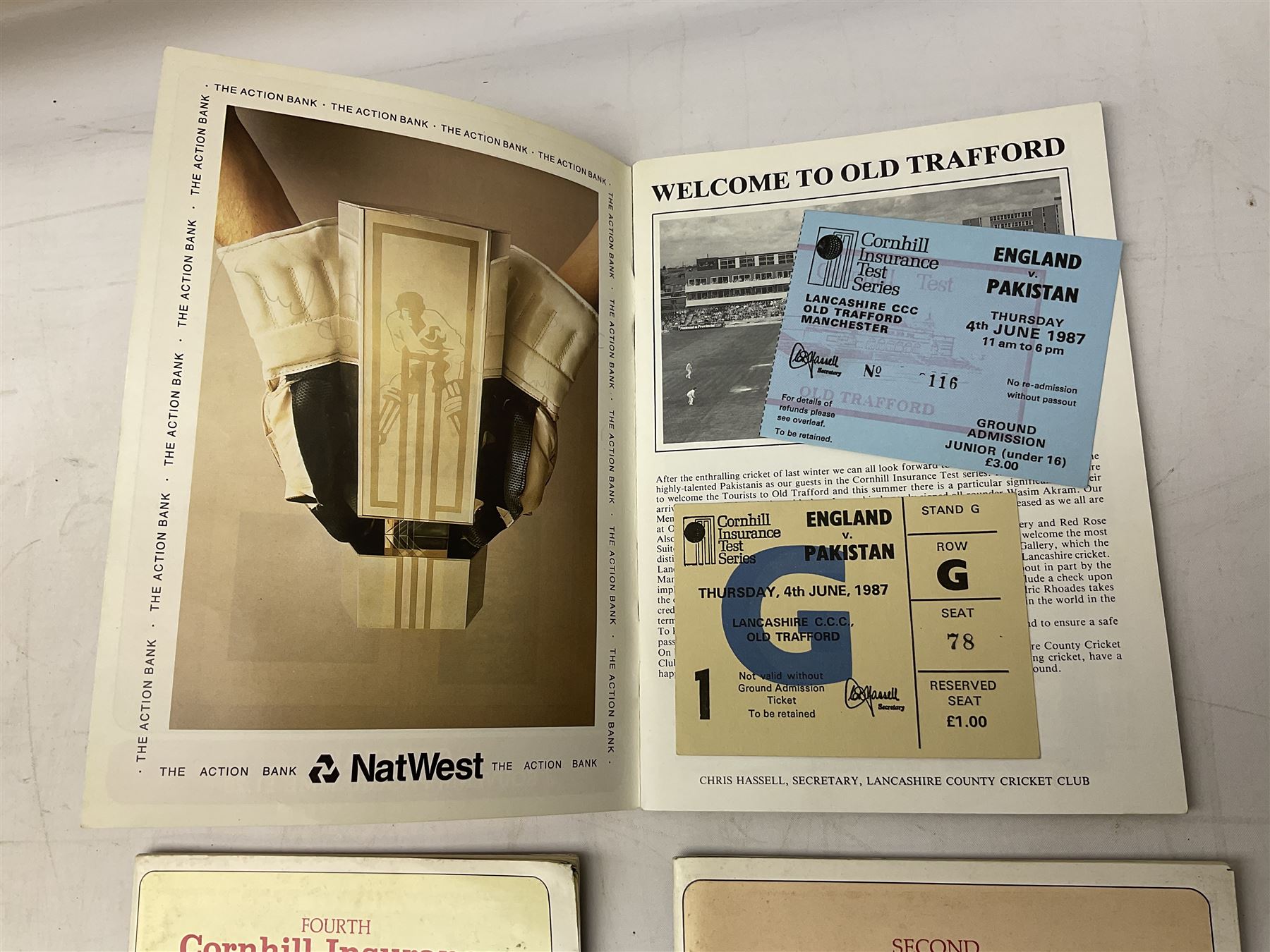 Four mid-late 1980s cricket programmes to include signed England vs Pakistan 1987 example, signed Bill ( Charles William Jeffrey ) Athey and two others indistinct 