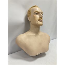 Mid 20th century male mannequin, the plaster bust with painted blonde hair and moustache, with metal attachment for stand, H56cm