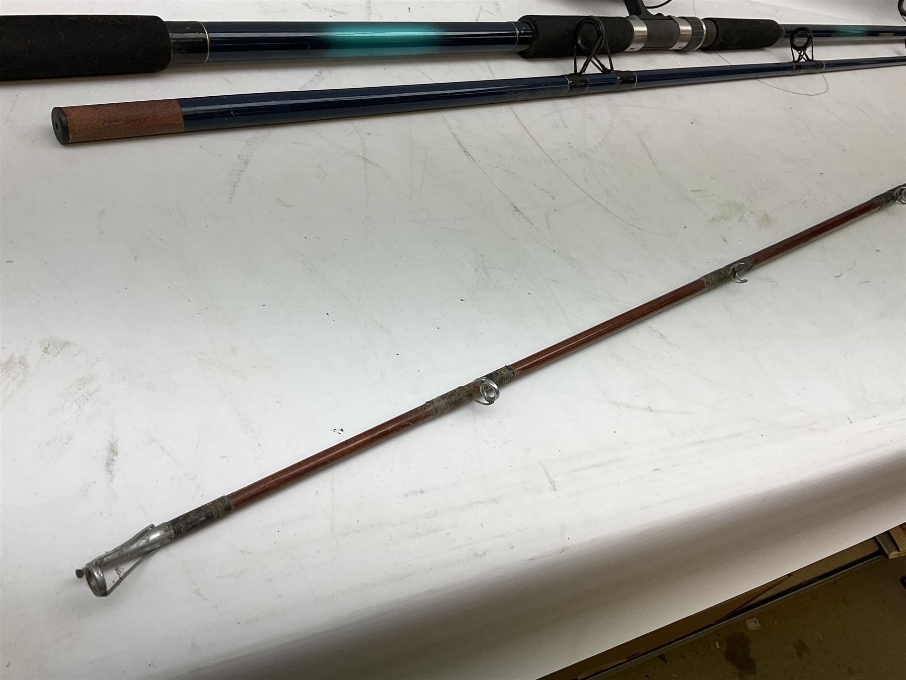 Shakespeare 'Composite Beachcaster 1332-300' 10ft two piece rod with Shakespeare alpha reel, Elastiglas two piece fly rod, Ryobi Masterline carbon fibre 'Pioneer PIF 85 Fly 8' 6