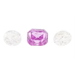 Loose octagonal cut pink sapphire stone of 0.44 carat, with World Gemological Institute report and two loose round brilliant cut diamonds of approx 0.35 carat total weight