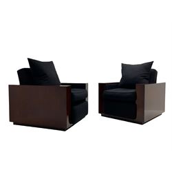 Ralph Lauren - pair 'Metropolis' Art Deco design club armchairs, rosewood finish box frame, upholstered in black fabric