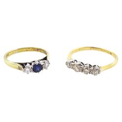 Early 20th century gold four stone old cut diamond ring and a later three stone sapphire a...
