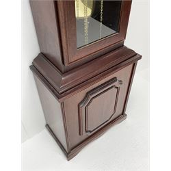 Fenclocks Suffolk - contemporary mahogany longcase clock, stepped arch hood with plain pilaster columns, moon phase dial and silvered Roman chapter ring, with chime set/silent lever, triple weight driven quarter chiming movement