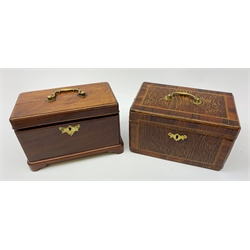  Two late 18th century tea caddies, the first an oak example with bracket feet and brass carry handle and escutcheon, H16cm L23cm, the second a yew burr veneered example, (a/f), H14cm L23cm.   