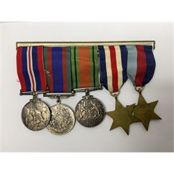 WW2 group of five medals comprising 1939-1945 War Medal, Defence Medal, 1939-1945 Star, France and Germany Star and Canadian Volunteer Service Medal; on wearing bar with ribbons; with a medal box and slip and three photographs