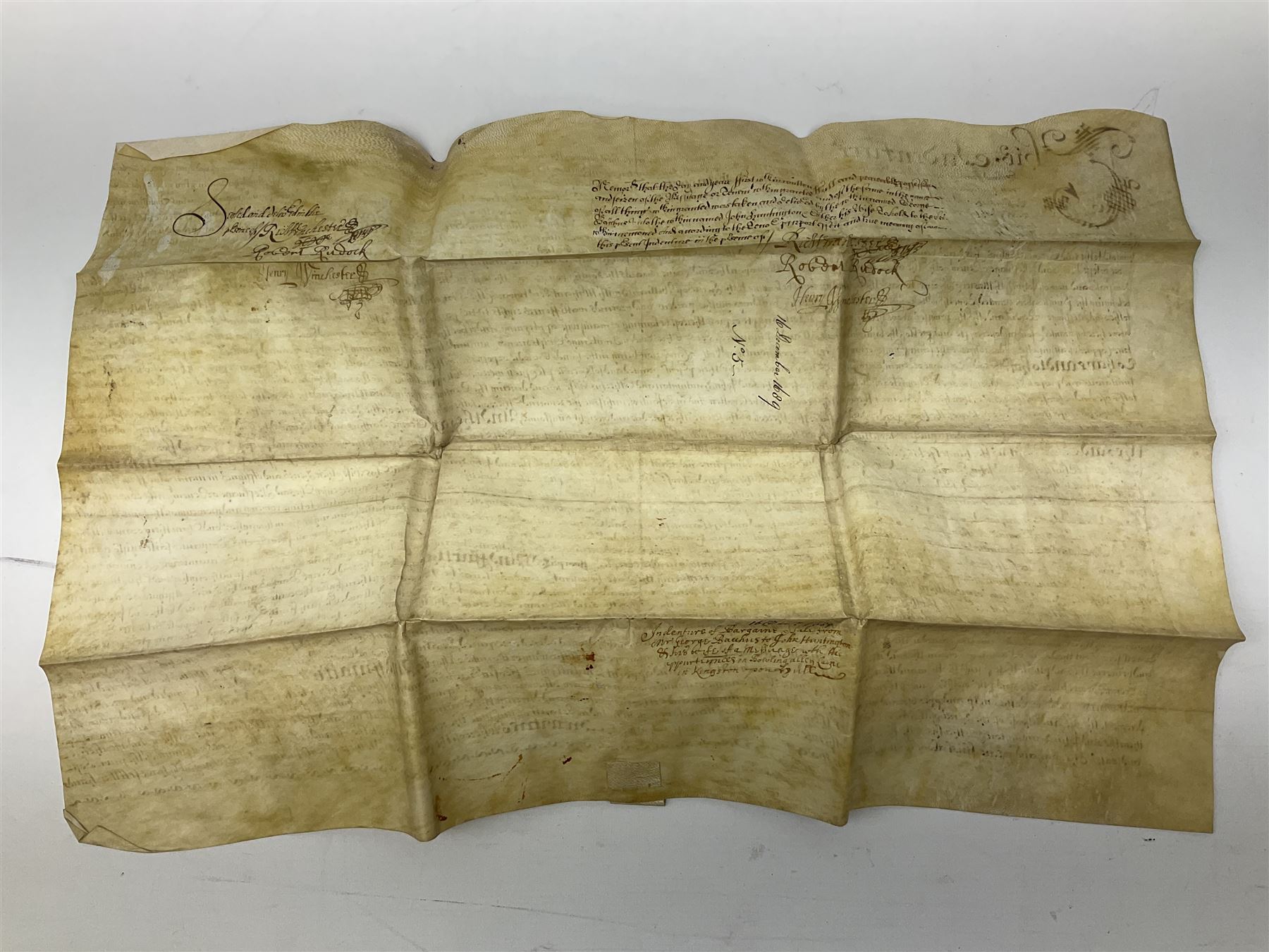 Three 17th/18th century manuscript deeds on vellum relating to properties in Bowling Alley Lane, Hull - one dated 16/12/1689 with seal 44 x 65cm; mortgage dated 20/2/1711 56 x 74cm; and assignment of mortgage dated 5/5/1727 with seal; all folded (3)