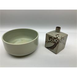 Quantity of studio pottery to include square section vase decorated with blossoming branches, other studio pottery to include jugs, bowls, vases etc, with various marks, duck egg b,J.E. bowl stamped Buchan, continental pottery, other stoneware pottery to include glazed jar with lid etc