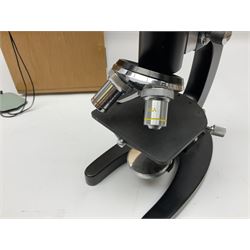 ASA Tokyo monocular microscope with black body, pitchfork base and wooden carrying box containing additional lenses No.47324 H29cm; Universal Avometer Model 8x Mk.III (Panclimatic); and Dansette 222 portable transistor radio (3)