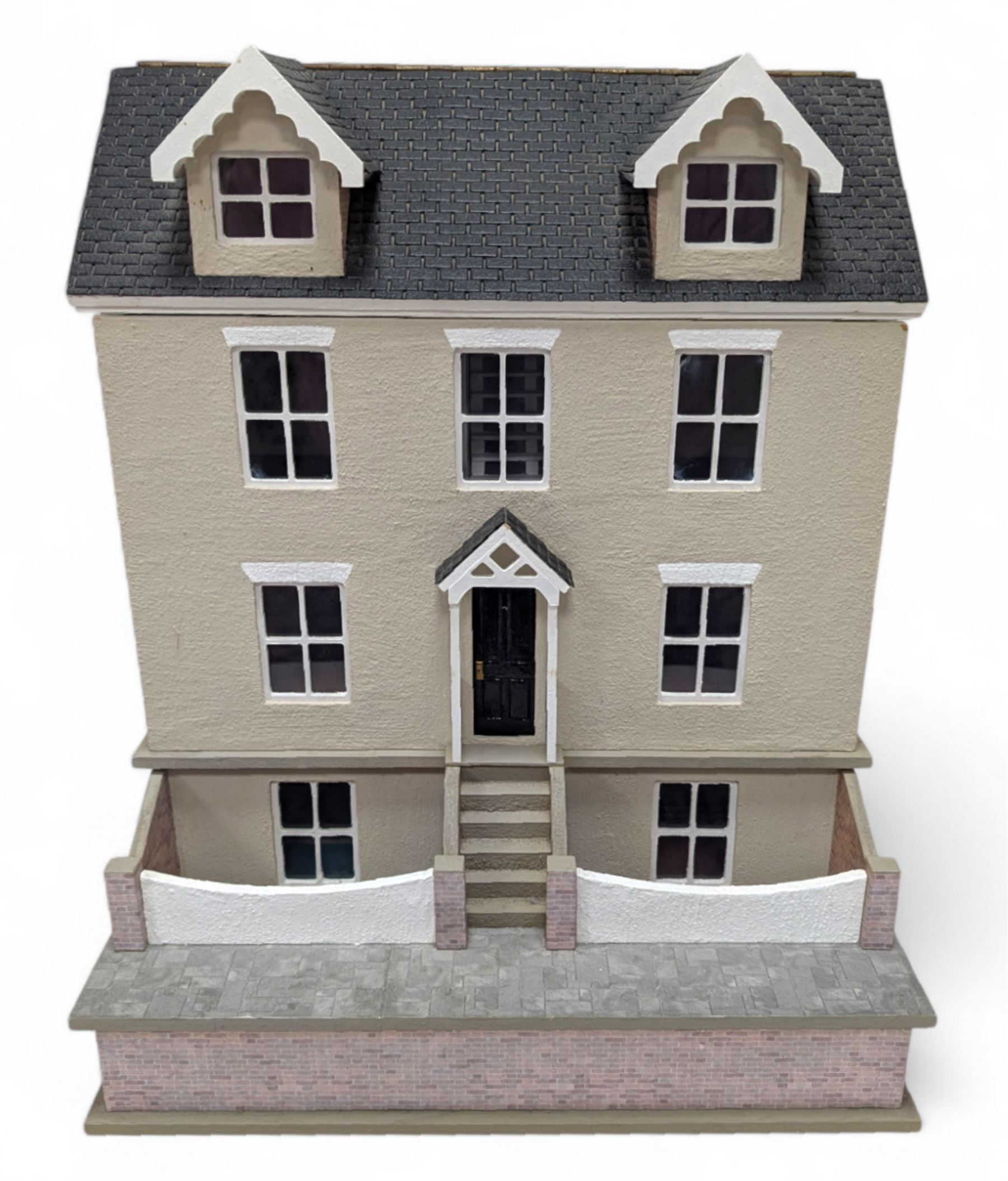 1 24 scale four storey dolls house with glazed four panel windows and porch grey tiled roof brick effect exterior and stone effect facade with decorated interior and wired lamps H42cm W35cm D32