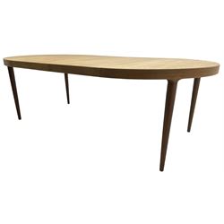 Possibly Skovmand & Andersen - Mid-20th century Danish teak extending dining table, pull-out extending action with two additional leaves, on turned tapering supports